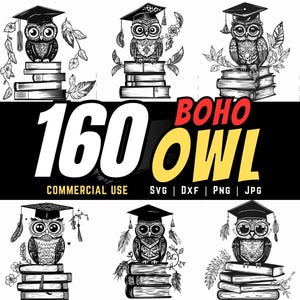 Könnte beinhalten: Satz von sechs Schwarzweißillustrationen von Eulen, die Abschlusskappen tragen und auf Bücherstapeln sitzen. Der Text "BOHO OWL" und "160" ist im Bild.