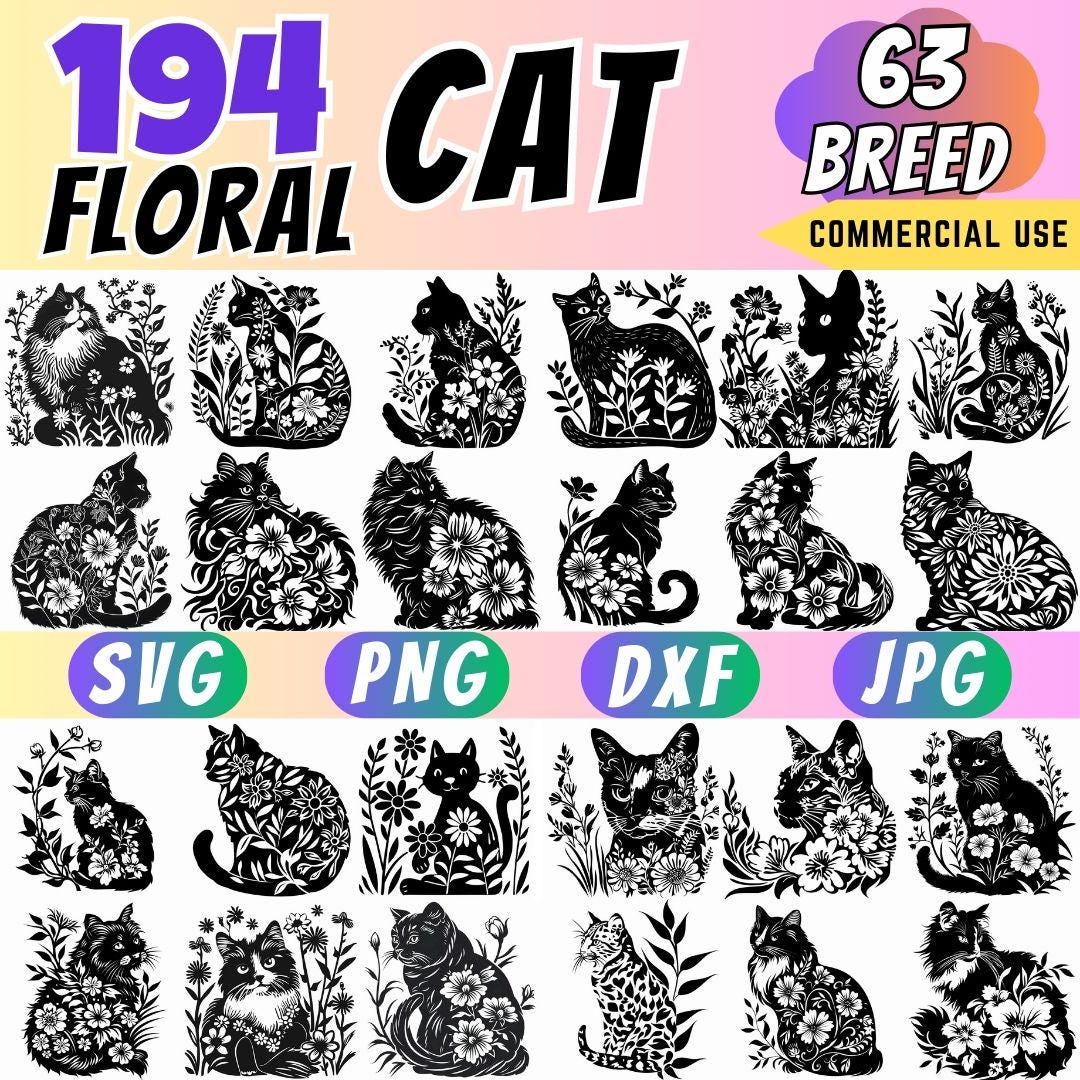 Floral Cat Silhouette Bundle | 63 Breed Clipart | Kitty SVG PNG ...