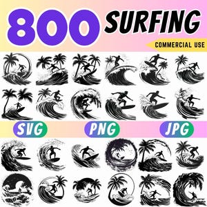 Puede incluir: Una colección de 800 gráficos con temática de surf en formatos SVG, PNG y JPG. Las ilustraciones en blanco y negro representan surfistas surfeando olas, palmeras y escenas oceánicas. La palabra "SURFING" se muestra en negrita.