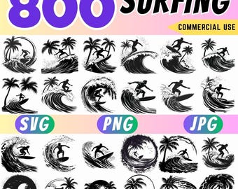 Surfer Silhouette Bundle | Surfboard Rider Clipart | Ocean Sport SVG PNG | Cricut Laser Cut Designs | Beach Art | Digital Download