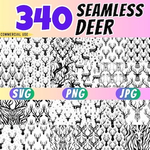 Pode incluir: Gráfico digital com o texto "340 SEAMLESS DEER" em preto e roxo. A imagem mostra vários padrões sem costura com tema de veado em preto e branco, com rótulos de tipo de arquivo: SVG, PNG e JPG. As palavras "COMMERCIAL USE" também estão presentes.