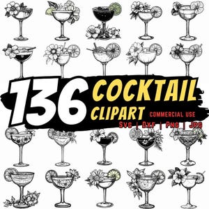 Cocktail Drink Clipart Bundle SVG PNG JPG Dxf, Tropical Bar Glass Clip Art, Margarita Martini Digital Files for Cricut Sublimation