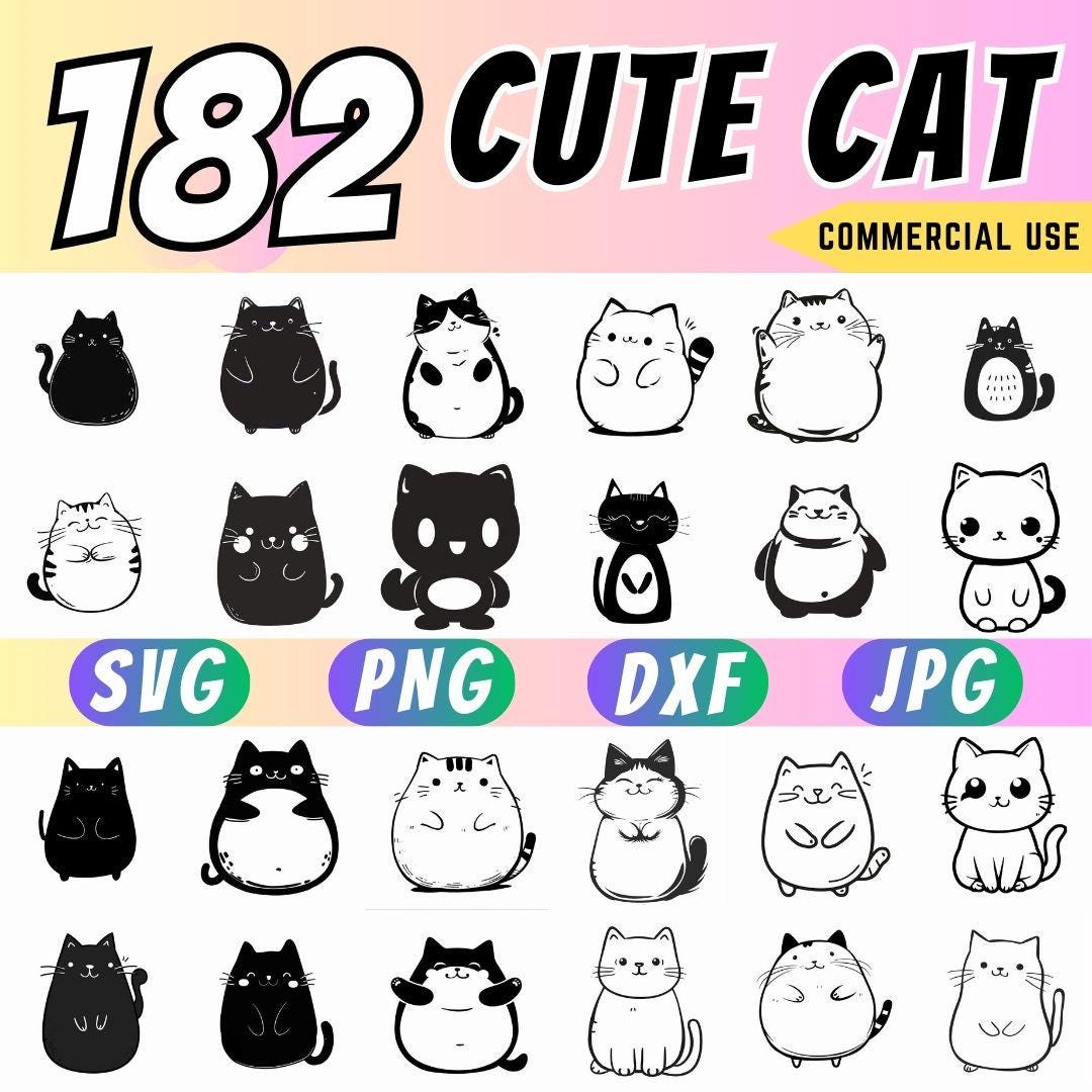 Cute Cat SVG Bundle | Kawaii Kitty Clipart | Funny Cat SVG PNG | Cricut ...