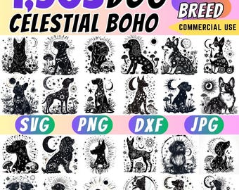 Celestial Boho Dog SVG Bundle: 128 Dog Breeds with Moon & Star Clipart (Digital Download)