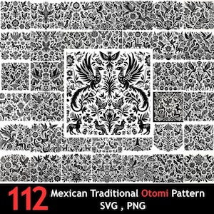 Op de afbeelding: Zwart-wit Otomi-patroonontwerp met vogels, bloemen en dieren. De afbeelding bevat meerdere panelen met variaties van de traditionele Mexicaanse volkskunst. Het nummer "112" staat in het rood, met de tekst "Mexican Traditional Otomi Pattern SVG, PNG".