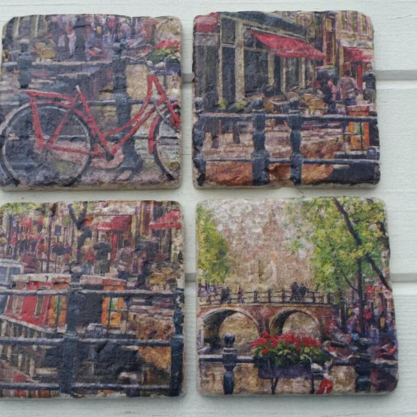 Amsterdam River Cafe Set of 4 Natural Stone Coasters