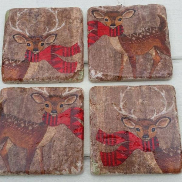 Mrs Deer in a Scarf Set of 4 Natural Stone Coasters