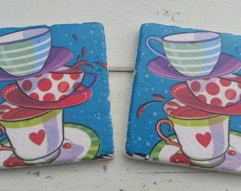 Mad Hatters Tea Party Set of 2 Natural Stone Coasters