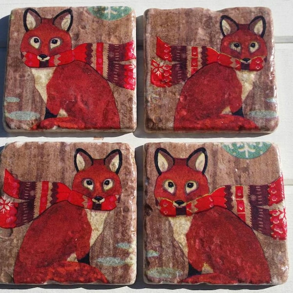 Fox Set of 4 Natural Stone Coasters USA and Australia Economy shipping eta up to 42 days