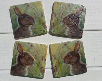 Bunny Rabbit Set of 4 Natural Stone Coasters          USA and Australia Economy shipping up to 42 days