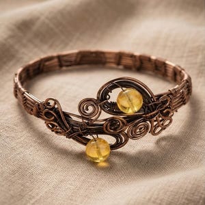 Handmade Copper Wire Wrapped Bangle Bracelet with Citrine Beads - Elven Boho Cuff