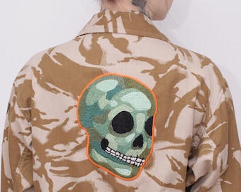 Unisex vintage army jacket with hand-embroidered skull and snake