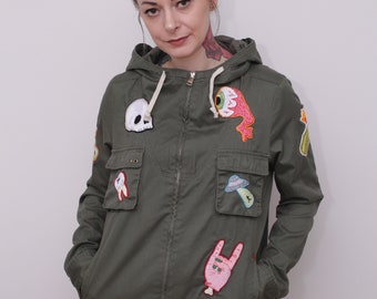 Army style jacket with spooky hand-embroidered patches