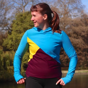 Camiseta Tessellate: patrón de costura en PDF para ropa deportiva o informal con capucha, bolsillo y puños para los pulgares opcionales