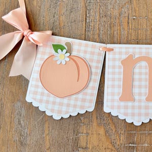 May include: Peach-themed banner with the word "one" in pink letters on a white and pink gingham background. The banner is decorated with a peach and a white flower.