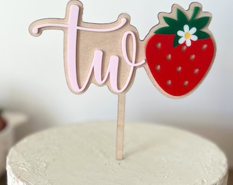 TWO Strawberry Cake Topper | Two Sweet Birthday | Strawberry Birthday Cake Topper | Strawberry Wood Cake Topper