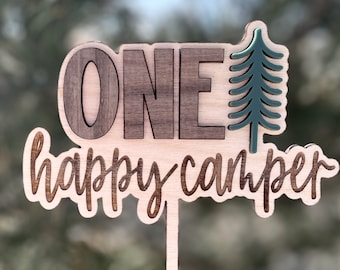 One Happy Camper Cake Topper | Wood  1st Birthday Cake topper | Camping Woodland cake topper