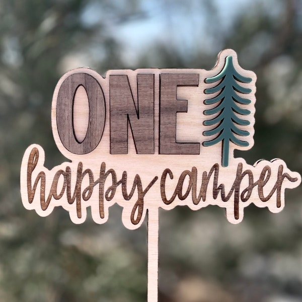 One Happy Camper Cake Topper | Wood  1st Birthday Cake topper | Camping Woodland cake topper