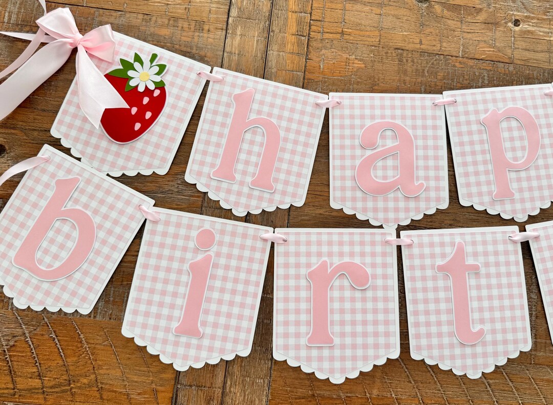 Pink Gingham Strawberry Happy Birthday Banner | Pink Bow Berry First ...