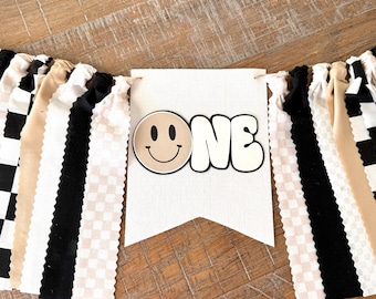 1st birthday Smiley Face ONE Happy Dude Highchair Banner | High Chair Banner  | Tan Black Happy Dude First Birthday Smiley Happy Dude Banner