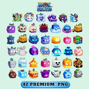 May include: Collection of 42 colorful, stylized fruit illustrations with unique designs. Each fruit has a distinct shape, color, and texture, with some featuring faces or patterns. The image includes the text "BLOX FRUITS" at the top and "42 PREMIUM PNG" at the bottom.