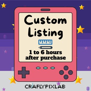 Peut inclure: Graphique d'appareil numérique rose avec les mots "Custom Listing" en noir. En dessous se trouvent une règle bleue et un crayon. Le graphique comprend également le texte "1 à 6 heures après l'achat" et le nom de la boutique "CRAFLYPIXLAB".