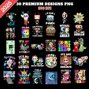 Op de afbeelding: Een verzameling van 30 PNG-ontwerpen met verschillende cartoonpersonages en tekst. De ontwerpen bevatten kleurrijke illustraties met zinnen als "It's Just Dandy", "Pebble Lover" en "In My Dandy Era". De ontwerpen staan op een zwarte achtergrond.