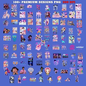 May include: A blue background displays a collection of digital designs, including illustrations of people, cartoon characters, and text. The text "100+ PREMIUM DESIGNS PNG 300 DPI" is at the top. The designs feature various colors and styles.