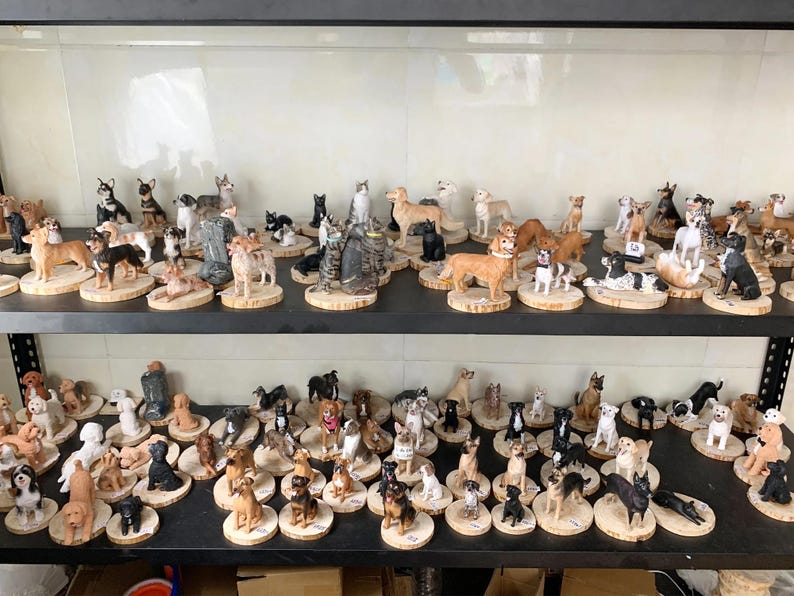 Op de afbeelding: Een verzameling hondenbeeldjes tentoongesteld op planken. De beeldjes zijn van verschillende rassen en maten, elk gemonteerd op een kleine houten basis. De honden zijn in verschillende poses en kleuren.