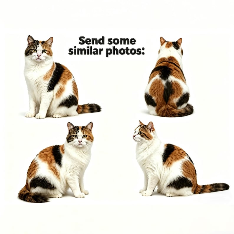 Op de afbeelding: Vier afbeeldingen van een lapjeskat in verschillende poses tegen een witte achtergrond. De kat heeft een mix van witte, zwarte en oranje vacht. De tekst "Send some similar photos:" staat bovenaan.