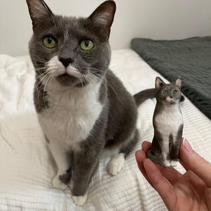 Op de afbeelding: Een grijze en witte kat met groene ogen zit op een wit bed. Daarnaast wordt een miniatuurbeeld van een vergelijkbare kat in een hand gehouden. Het beeld is een gedetailleerde replica van de kat, met grijze en witte markeringen.