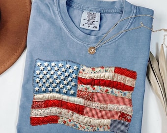 Comfort Colors® 4th of July Shirt, Retro American Flag Shirt,Faux Patchwork USA Shirt, Patriotic Shirt, Fourth of July Shirt, USA Flag Shirt