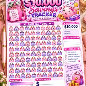 Può includere: Un foglio di monitoraggio dei risparmi da 10.000 $ rosa e viola con un salvadanaio, un'illustrazione di borsa e 100 icone di borse numerate. La pagina include sezioni per l'obiettivo di risparmio, una lista di controllo e una barra di avanzamento.