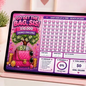 May include: A digital tablet displays a pink-themed $10,000 savings challenge tracker. The graphic features a money tree growing from a pink quilted handbag, a grid of 100 boxes labeled $100, a checklist, a progress circle, and a total saved box.