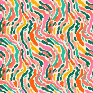 May include: A vibrant, abstract pattern featuring flowing, organic shapes in a variety of colors. The design includes streaks of pink, orange, yellow, teal, and green on a cream-colored background. The pattern is repeated, creating a dynamic and colorful visual.