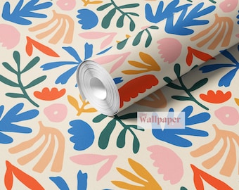 May include: A roll of wallpaper featuring a repeating pattern of abstract floral shapes in blue, orange, pink, yellow, and green on a cream background. The design includes leaf and petal-like forms.