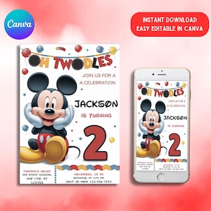 Oh Twodles Invitation Mickey Mouse Invitations, Mickey Twodles Invite, Mouse Editable Invitation, Boy 2nd Birthday Invite, Cute Mouse Second