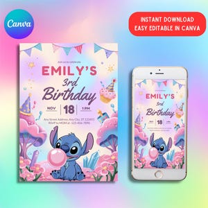 Stitch Birthday Canva Invitation, Editable & Printable Template, Cute Stitch Party Invite, Girls Bday Card Evite, Instant Canva Template