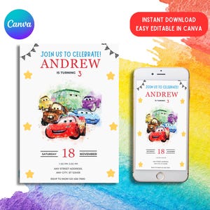Editable Cars Birthday Party Invitation, Cars Lightning Birthday Invite, McQueen Birthday Party Invitation, Boy Birthday Party Invite Car