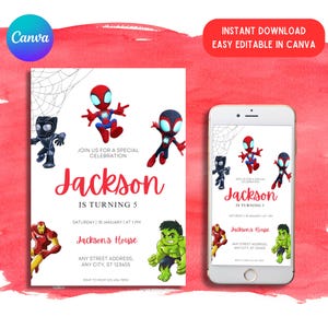 Editable Watercolor Spidey and his Amazing Friends Birthday Party Invitation, Superhero Birthday Invite Canva Template, Instant Download