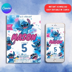 Stitch Editable Birthday Invitation Template, Printable Birthday Invitations, Digital Kids Party Invite, Digital Bday Card Editable Invite