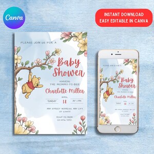 Winnie-the-pooh Baby Shower Invitation, Classic Winnie Pooh Baby Shower, Winnie-the-pooh Invitations, Baby Shower Winnie-the-pooh Vertical
