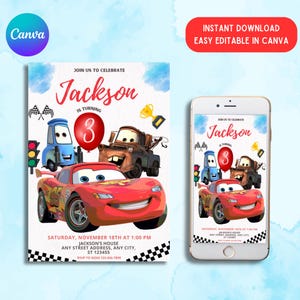 Editable Cars Birthday Party Invitation, Cars Lightning Birthday Invite, McQueen Birthday Party Invitation, Boy Birthday Party Invite