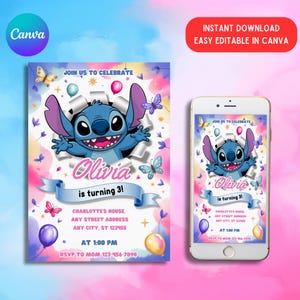 Stitch Editable Birthday Invitation Template, Printable Birthday Party Invitations, Digital Kids Party Invite, Digital Bday Card Invite