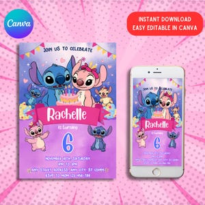 Stitch Birthday Invitation, Editable & Printable Template, Cute Stitch Party Invite, Girls Bday Card Evite, Instant Canva Template