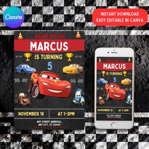Editable Cars Birthday Invitation Template, Lightning MCQUEEN Invitation, Children&#39;s Party Invitation, Editable Invitation In Canva