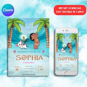 Baby Moana Geburtstagseinladung, bearbeitbare digitale Hawaiian Moana Geburtstag einladen, Kinder Thema Party Einladung, digitale Baby Moana Vorlage