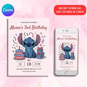 Stitch Birthday Party Invitation Template, Editable Cartoon Bday Evite & Fun Canva Design for Kids Party, Instant Download