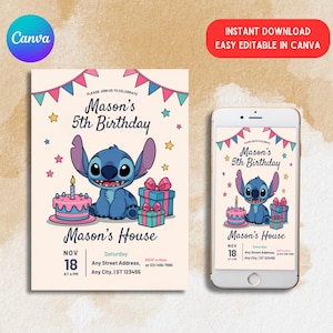 Stitch Editable Birthday Printable Invitation Template, Printable Birthday Invitations, Digital Kids Party Invite, Digital Bday Card Invite