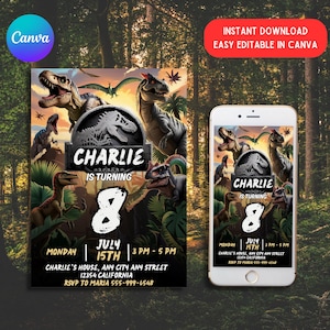 Dinosaur Party Invitation, Dinosaur World Invite, Dino Boy Birthday Party, T-Rex Party Invite, Jurassic 1st 3rd 5th Birthday, Editable Canva